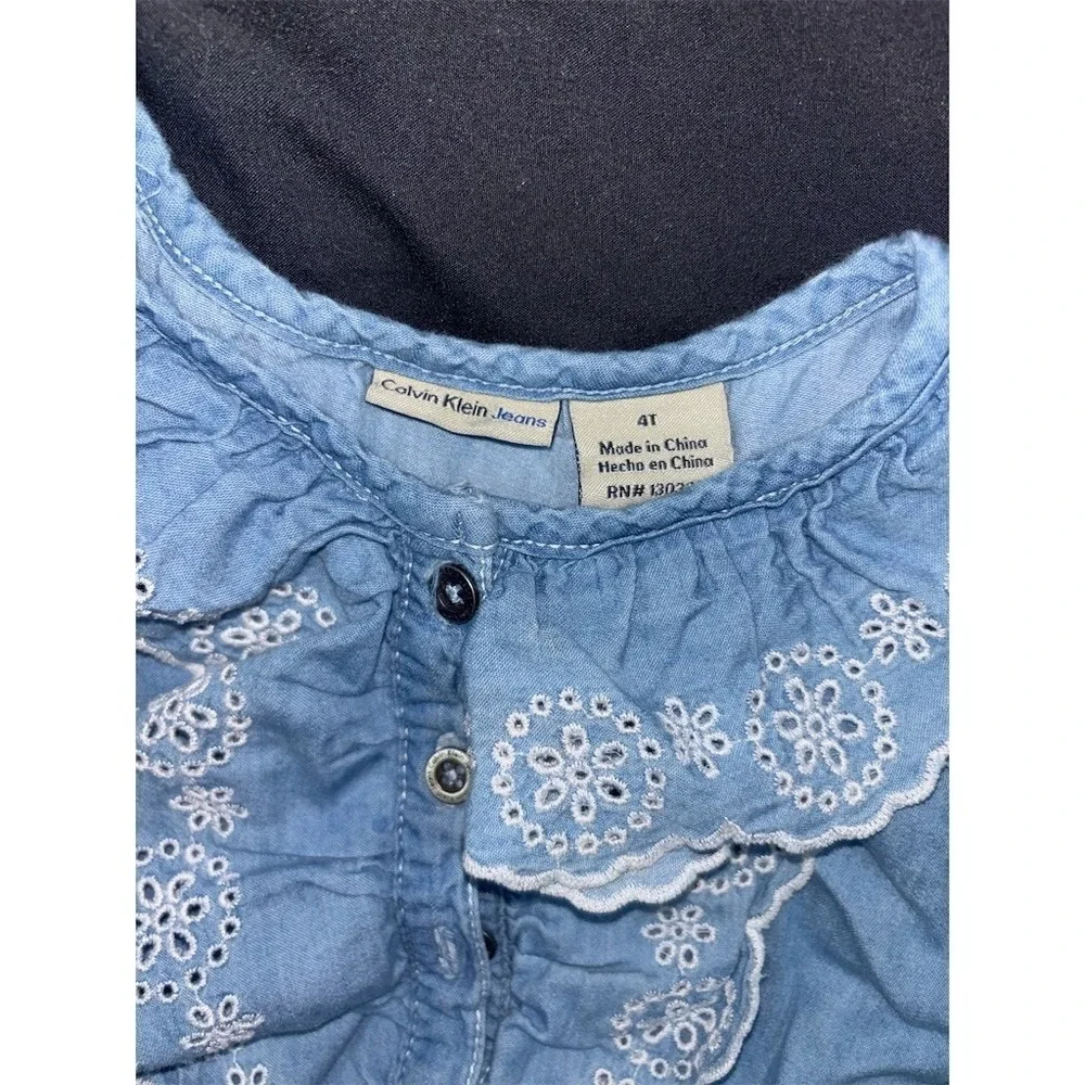 Calvin Klein Jeans Dress Girls 4T Blue Tiered Fit & Flare Eyelet Lace chambray